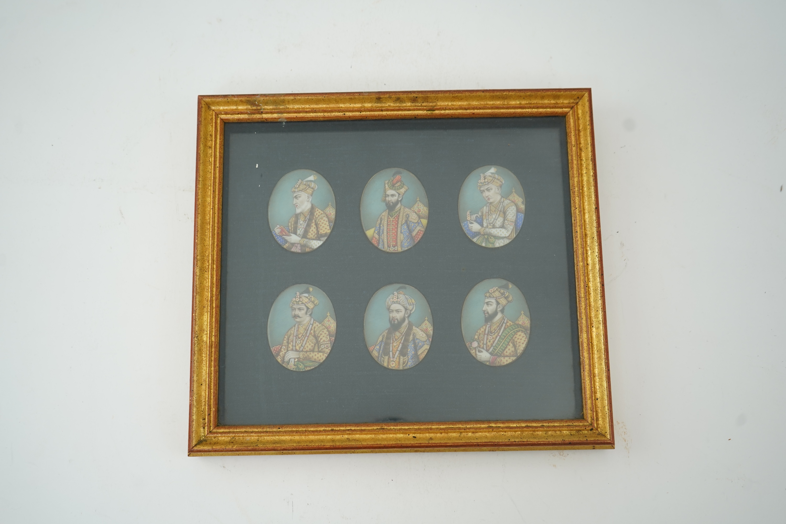 Indian School , (Late 19th century), A set of six portrait miniatures of Mughal rulers, Watercolour on Ivory, Oval, each approximately 6.2cm x 4.8cm